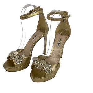 Miu Miu Women's Gold Leather Embellished Ankle Strap Platform Sandals Size 39.5